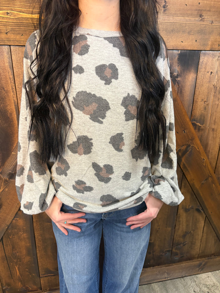 Grey Leopard Print Bubble Sleeve Top