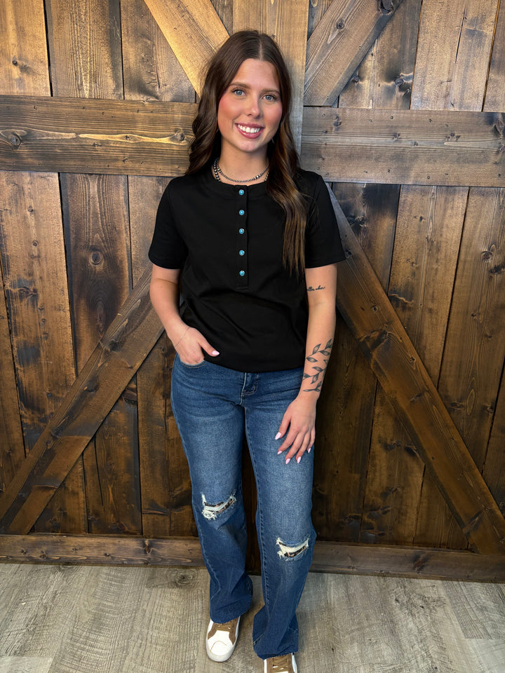 L&B Black Short Sleeve Turquoise Snap Button Down Shirt