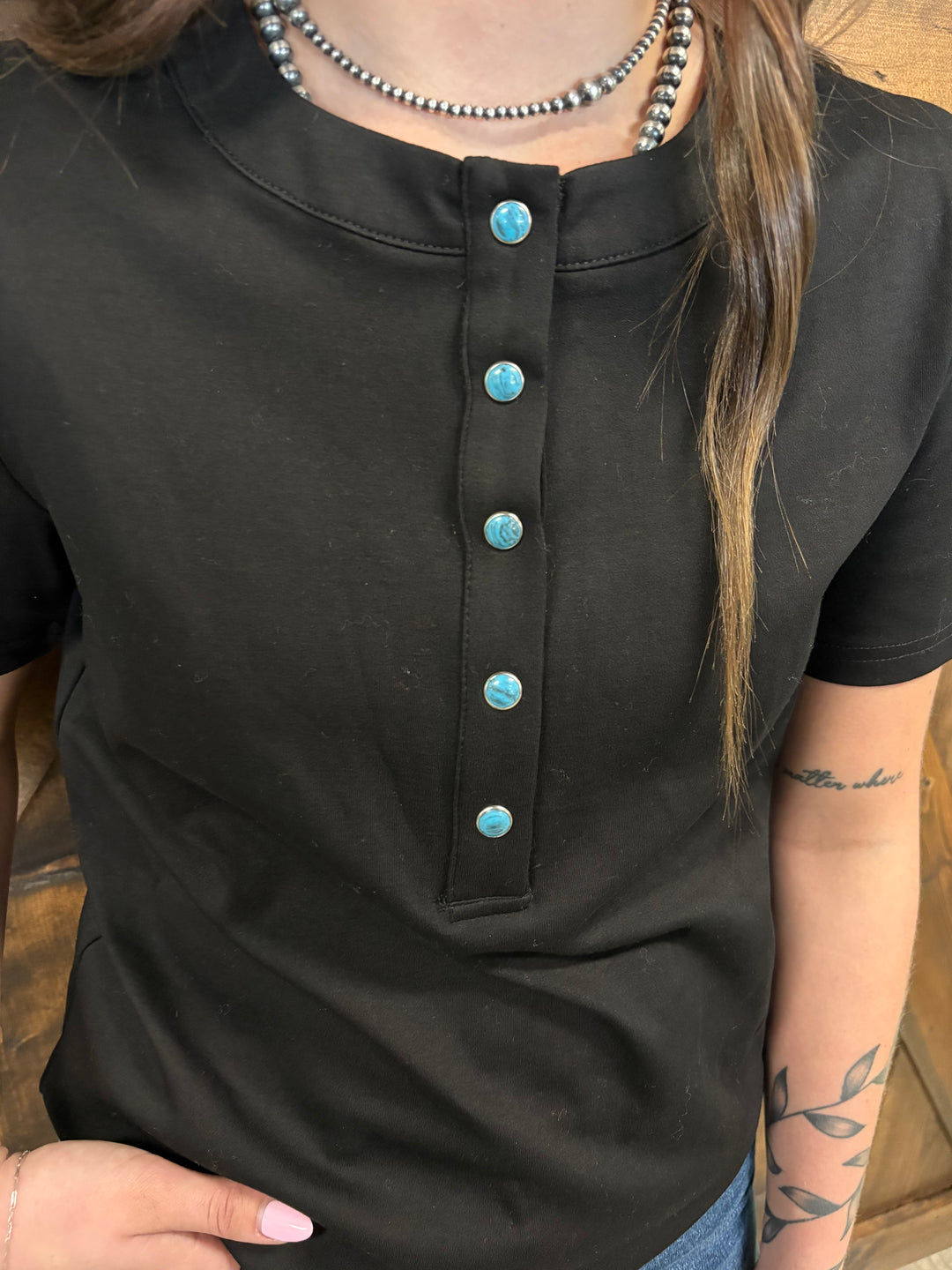 L&B Black Short Sleeve Turquoise Snap Button Down Shirt