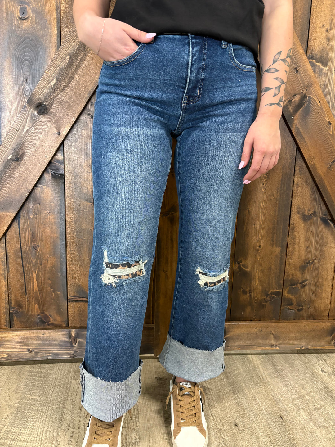 L&B Dark Wash Leopard Patch Boyfriend Jeans