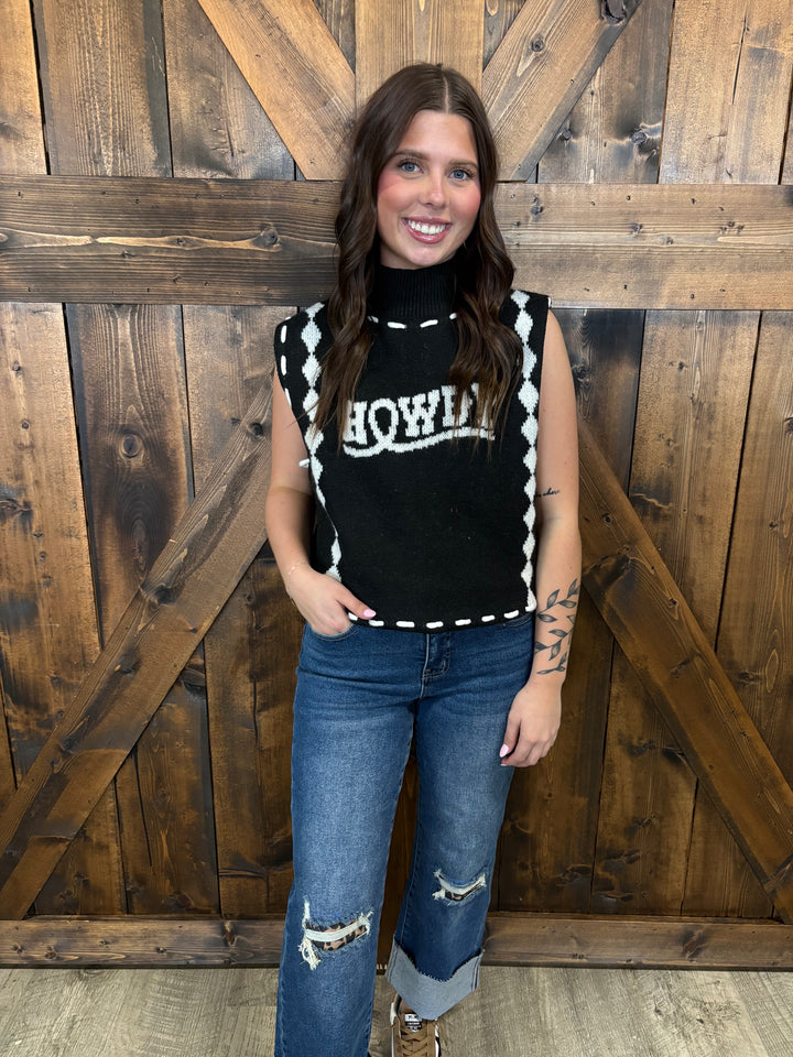 L&B Black & Ivory Howdy Stitched Sweater Vest