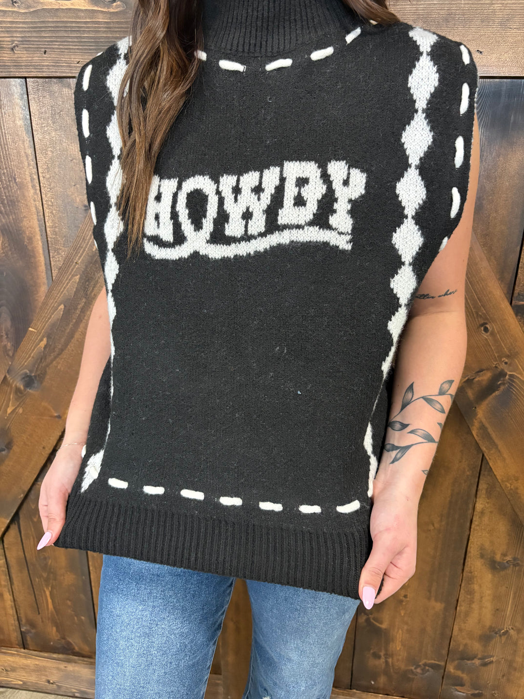 L&B Black & Ivory Howdy Stitched Sweater Vest