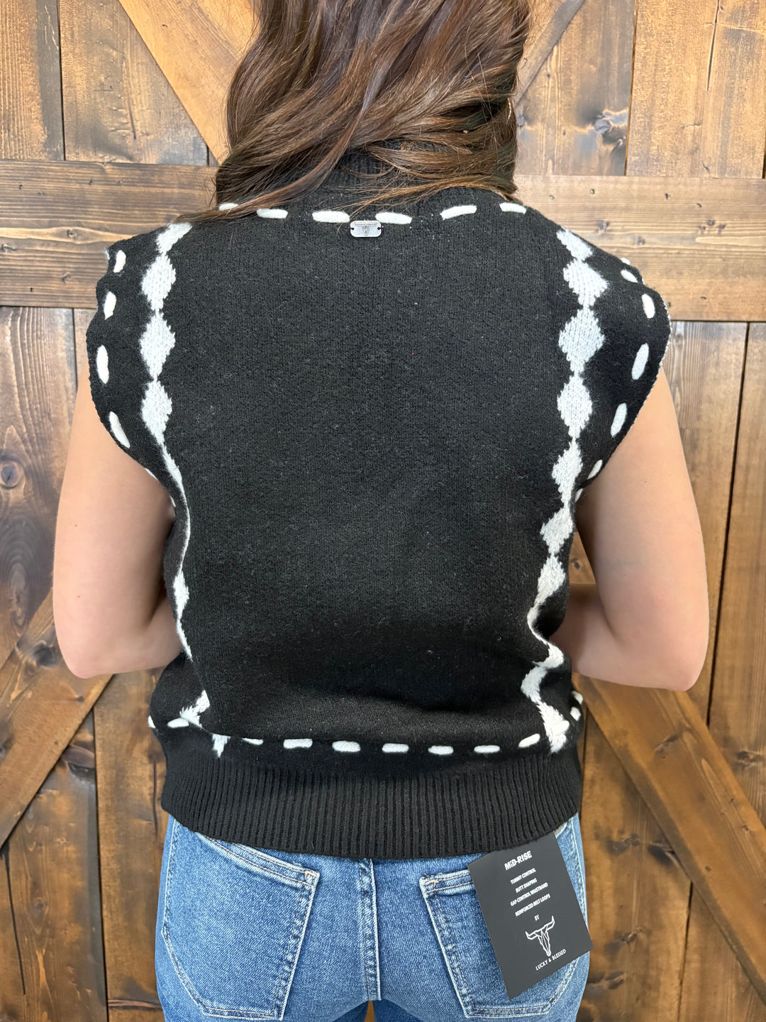 L&B Black & Ivory Howdy Stitched Sweater Vest
