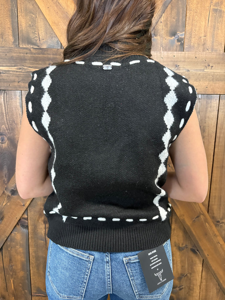 L&B Black & Ivory Howdy Stitched Sweater Vest