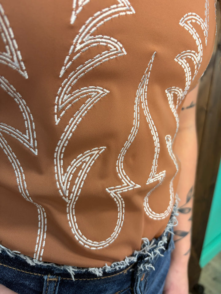 L&B Camel & Ivory Boot Stitch Embroidered Bodysuit