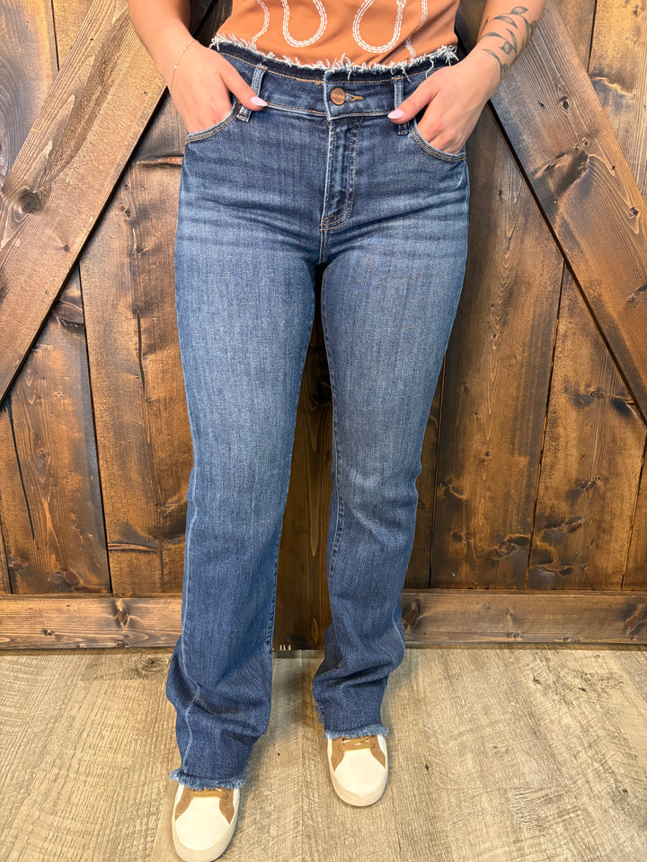 Risen Mid Rise Dark Wash Bootcut Frayed Detail Jeans