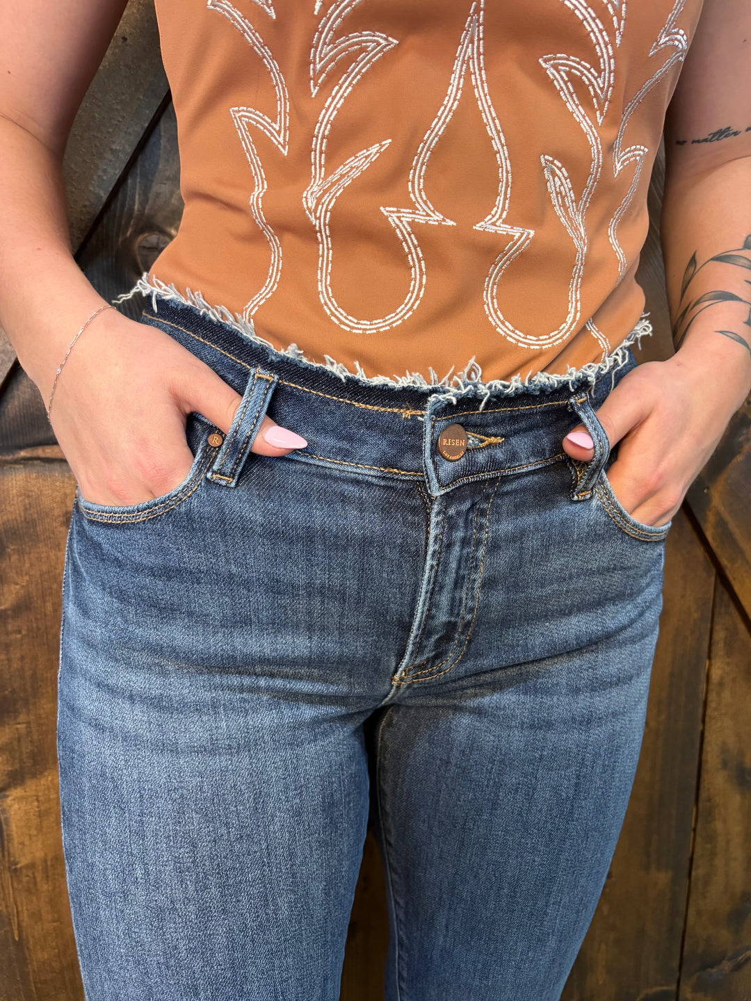 Risen Mid Rise Dark Wash Bootcut Frayed Detail Jeans