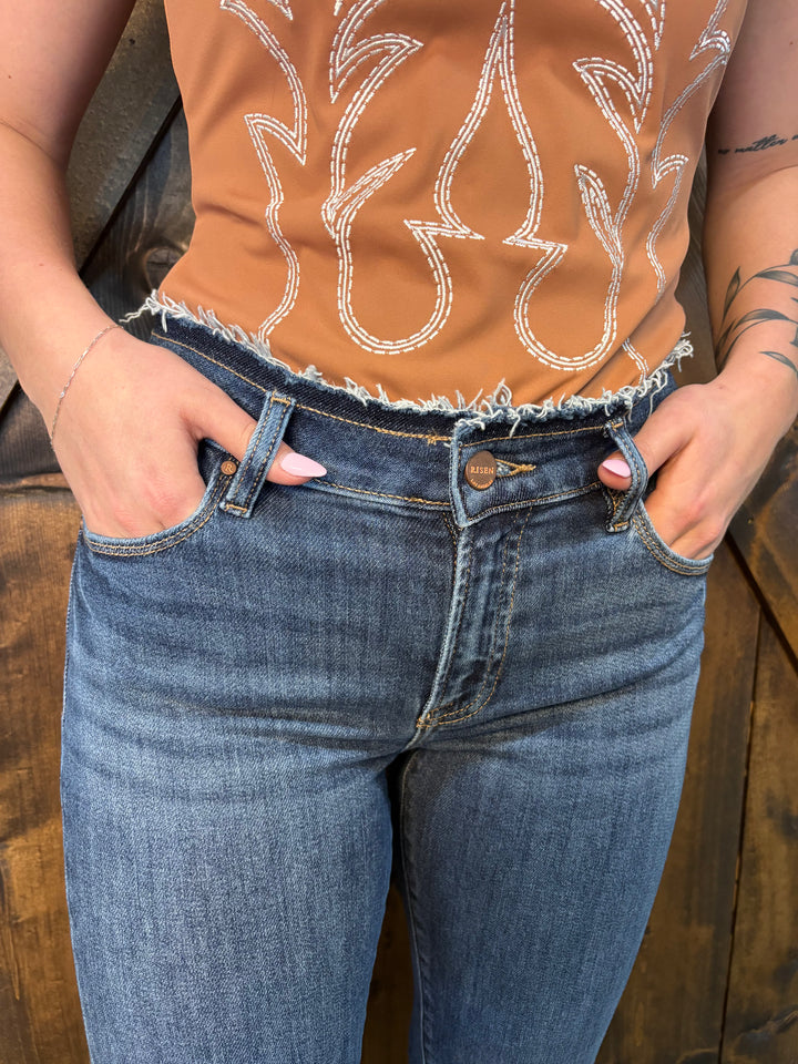 Risen Mid Rise Dark Wash Bootcut Frayed Detail Jeans