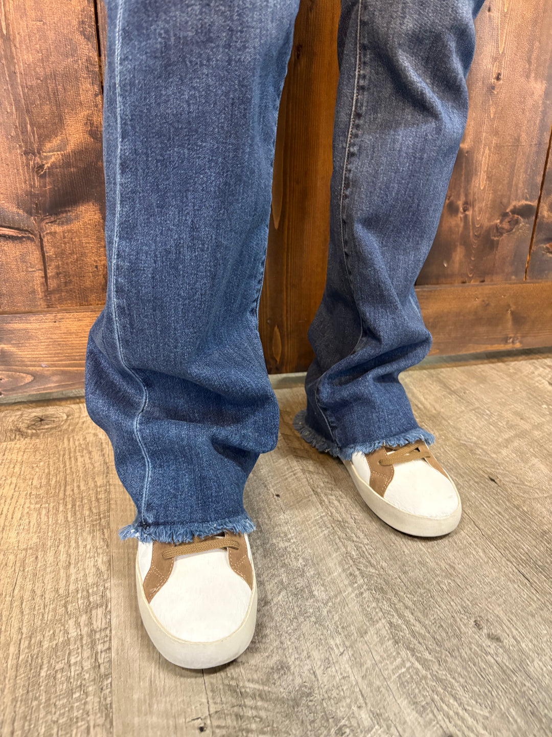 Risen Mid Rise Dark Wash Bootcut Frayed Detail Jeans