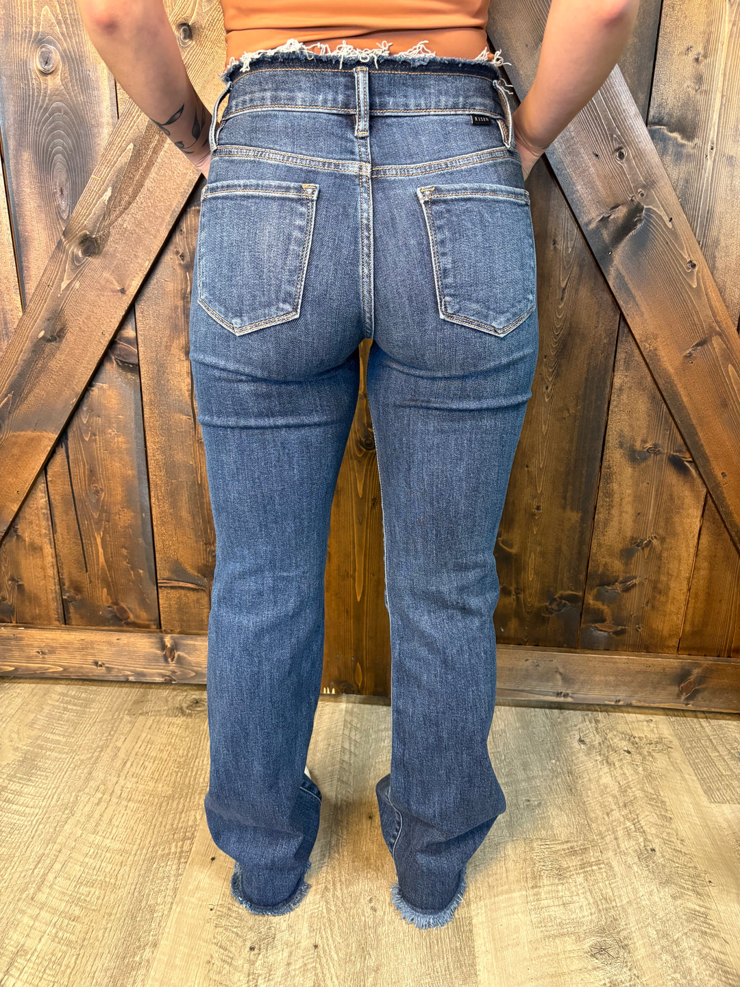 Risen Mid Rise Dark Wash Bootcut Frayed Detail Jeans