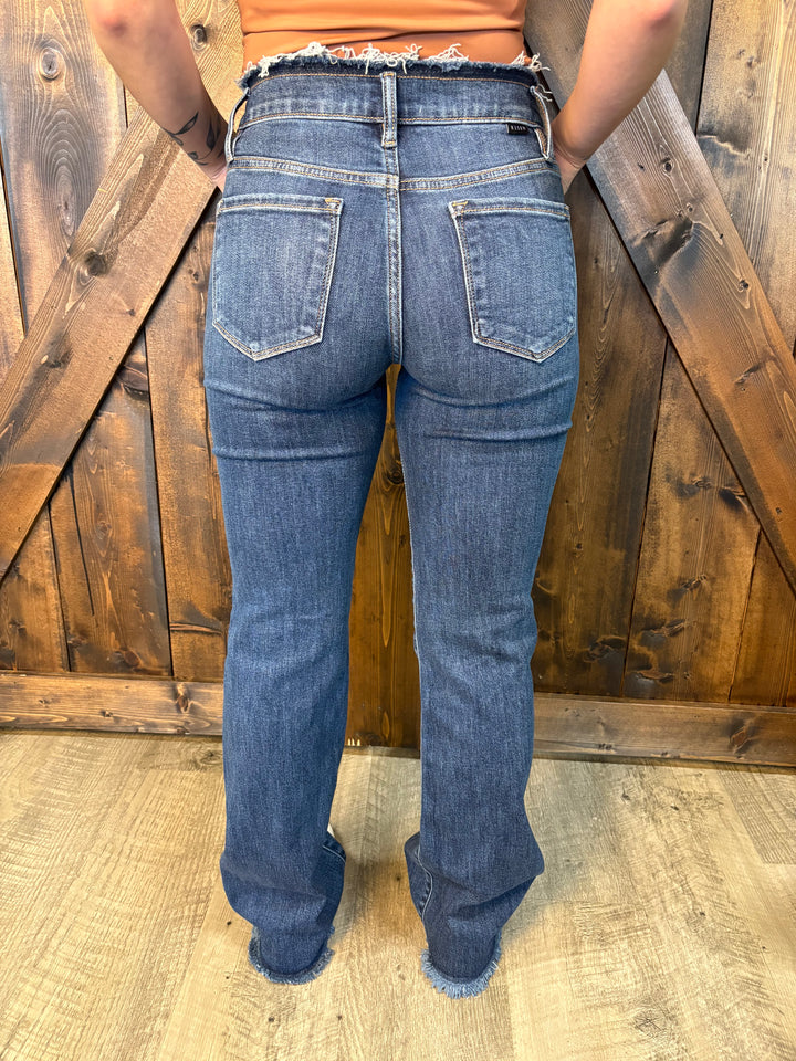 Risen Mid Rise Dark Wash Bootcut Frayed Detail Jeans