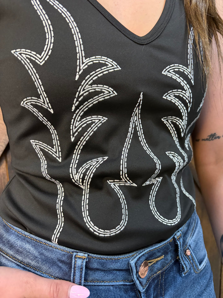 L&B Black & Ivory Boot Stitch Embroidered Bodysuit