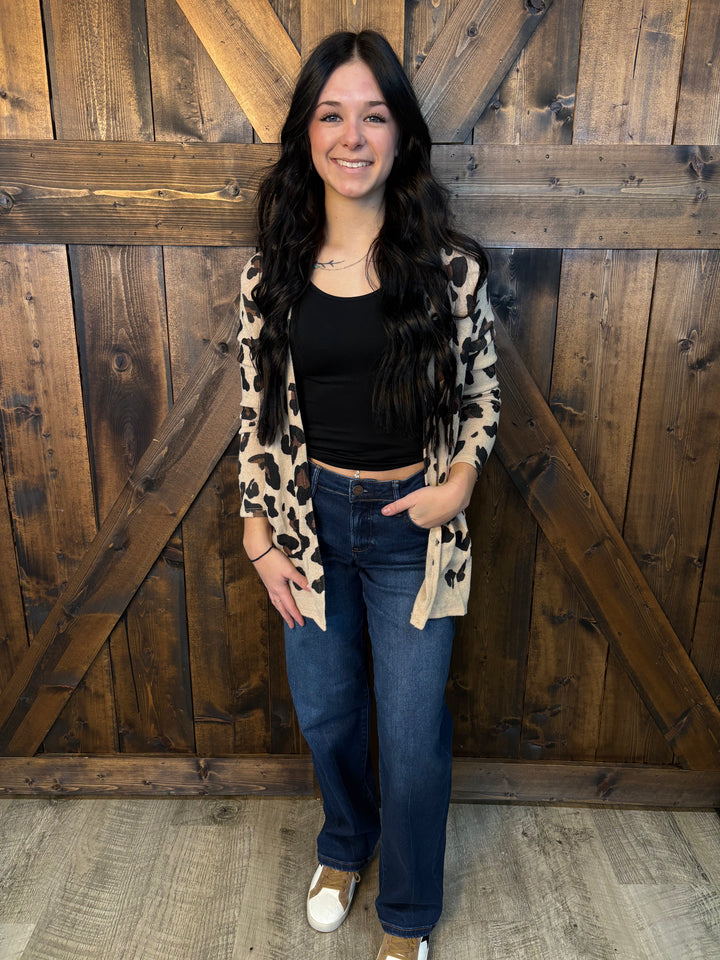 Khaki Leopard Print Knit Cardigan