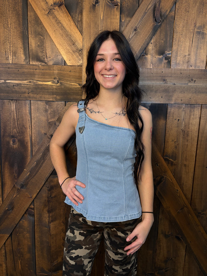 L&B Light Wash One Shoulder Denim Top