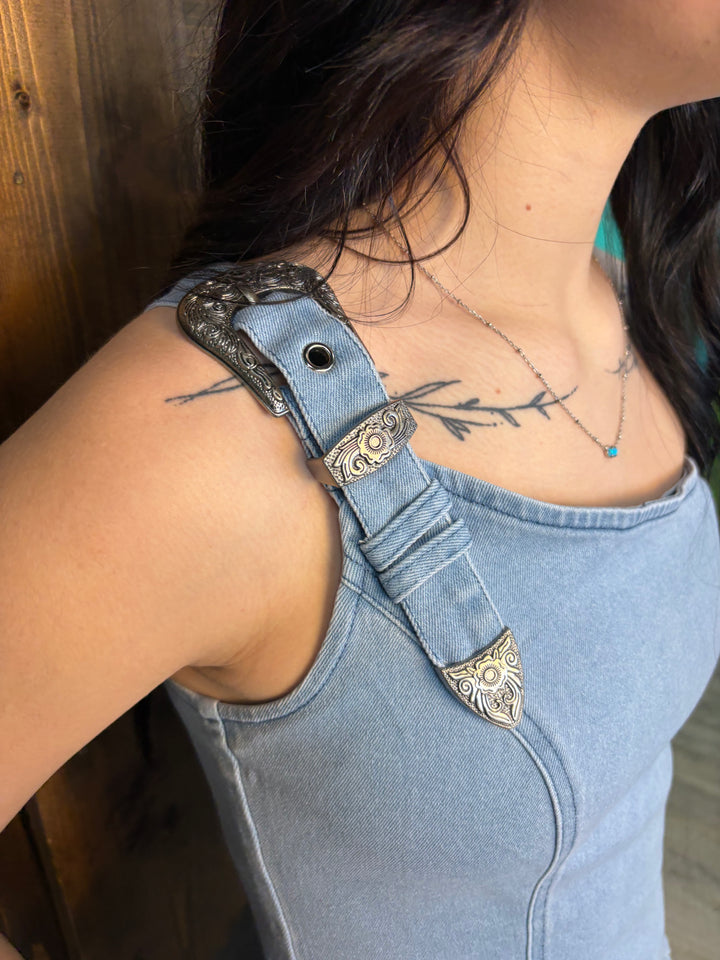 L&B Light Wash One Shoulder Denim Top