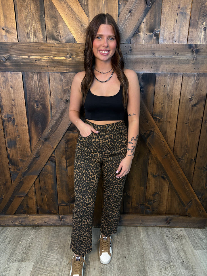 Denim Leopard Print Straight Leg Jeans