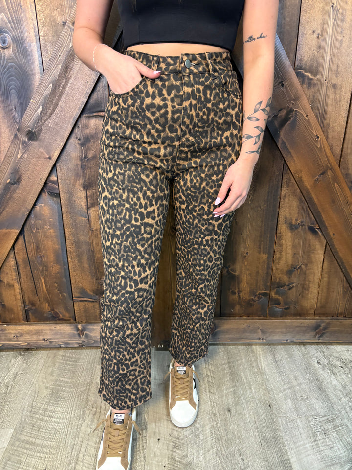 Denim Leopard Print Straight Leg Jeans
