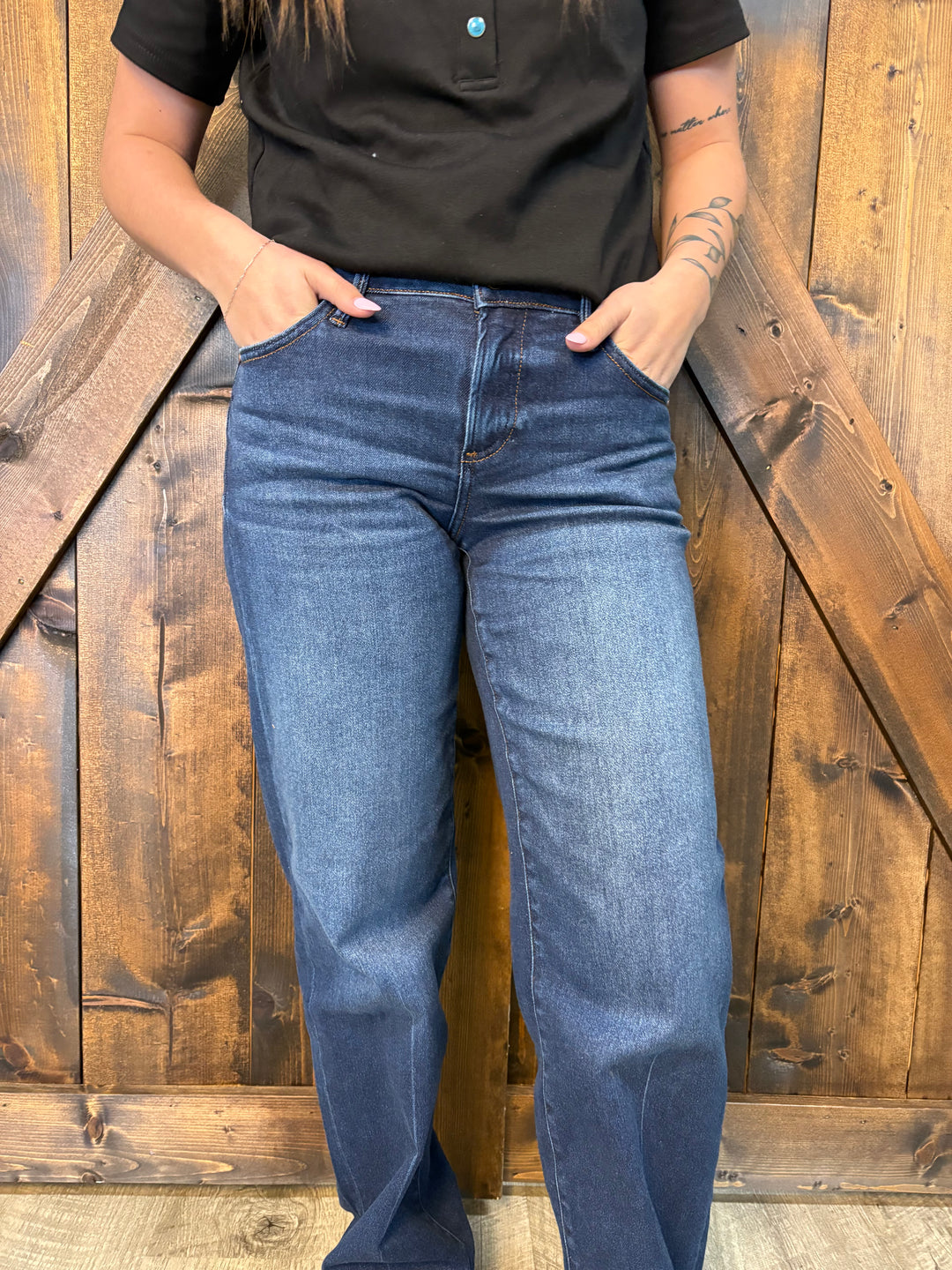 Risen Dark Wash Mid Rise Wide Baggy Jeans