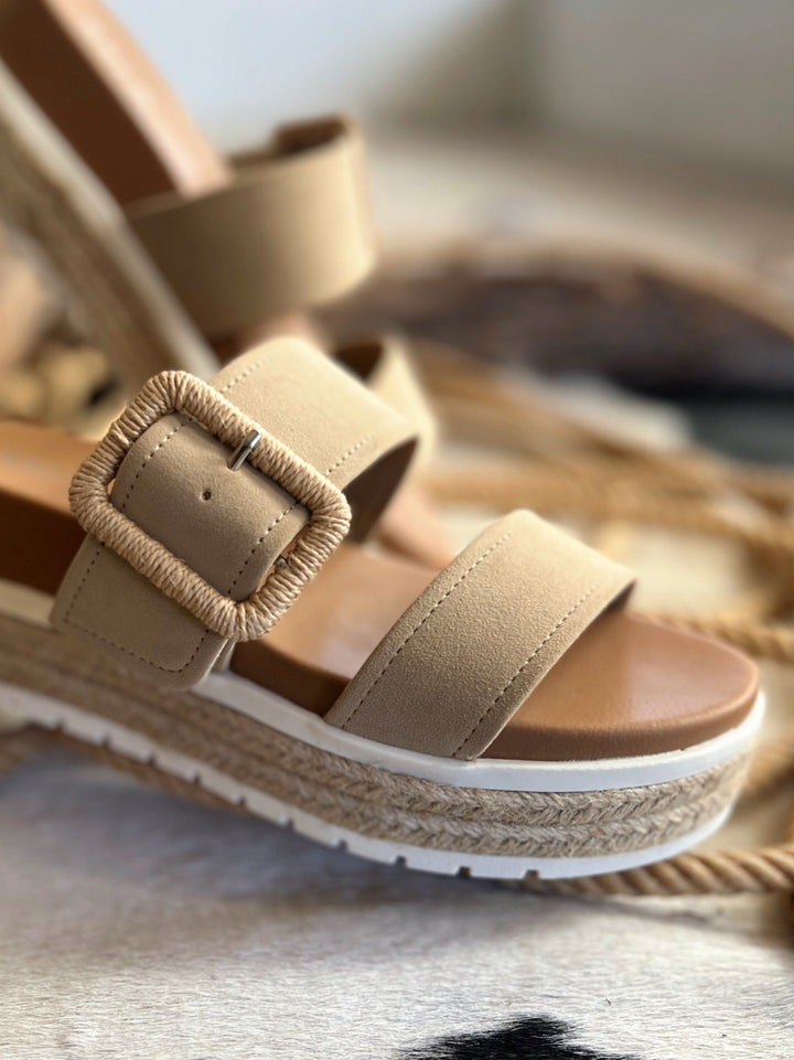 Suede Sand Raffia Platform Sandals | gussieduponline