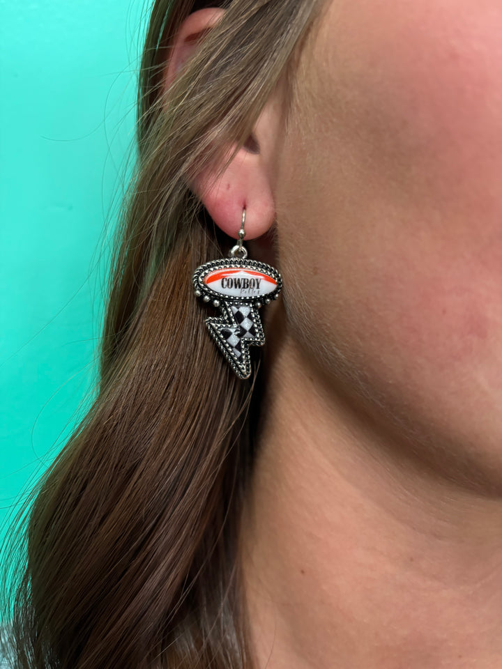 Western Checkered Lightning Bolt Cowboy Dangle Earrings