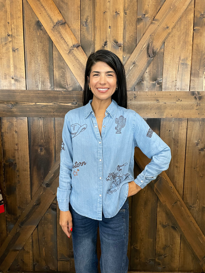 Western Denim Embroidered Snap Button Top