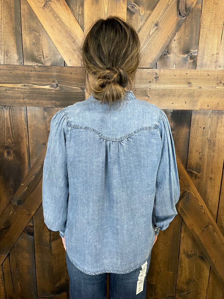 Denim Ruffle Neck Snap Button Top