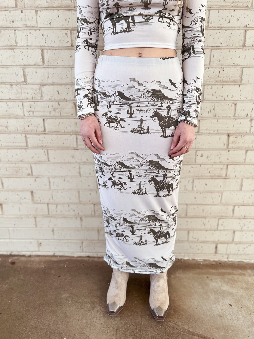 Ivory Western Desert Top and Midi Skirt Set | gussieduponline