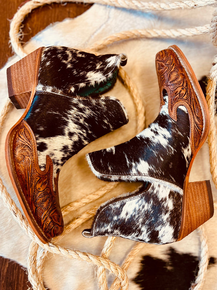 Frisco Blossom Hair On Hide Tooled Booties | gussieduponline