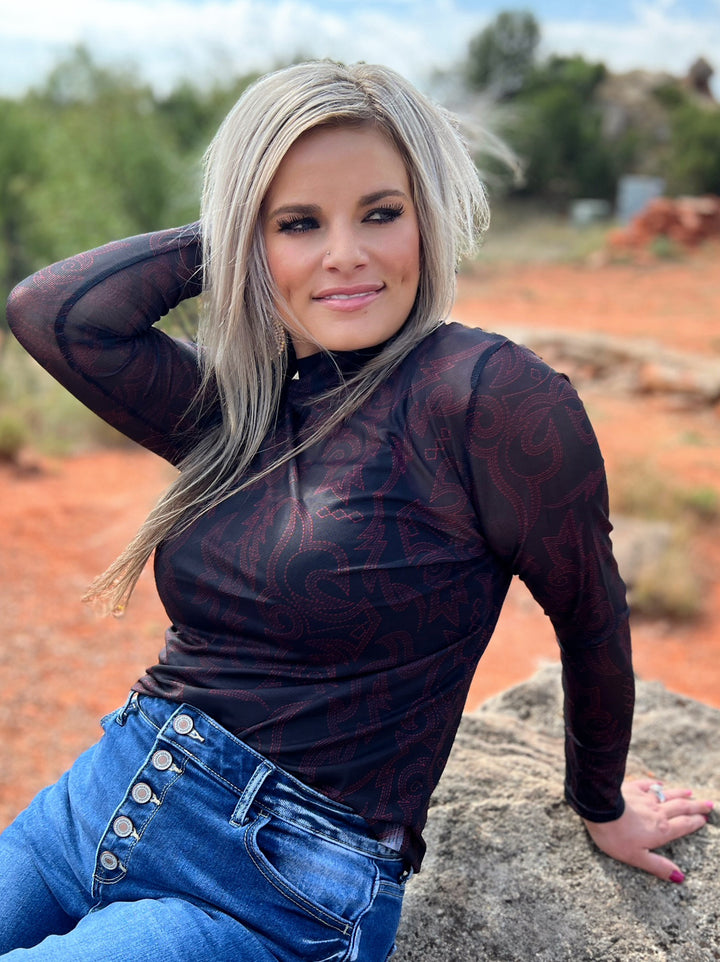 Bonfire Nights Red Stitch Print Mesh Top | gussieduponline