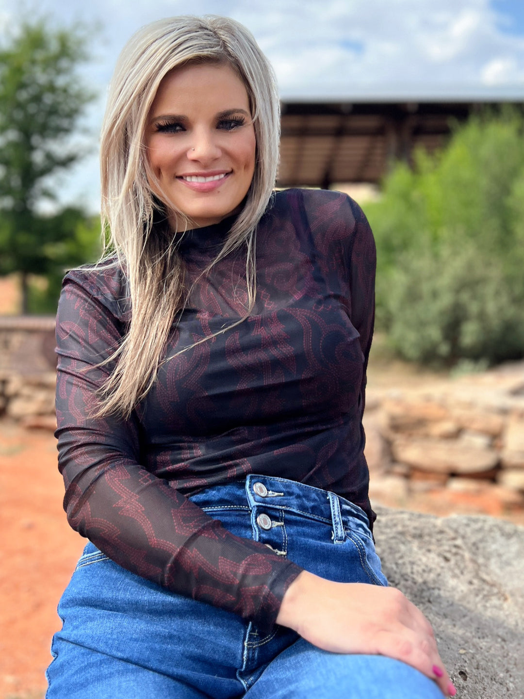 Bonfire Nights Red Stitch Print Mesh Top | gussieduponline