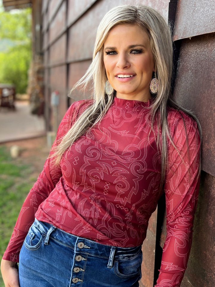 Bonfire Nights Maroon Mesh Top | gussieduponline