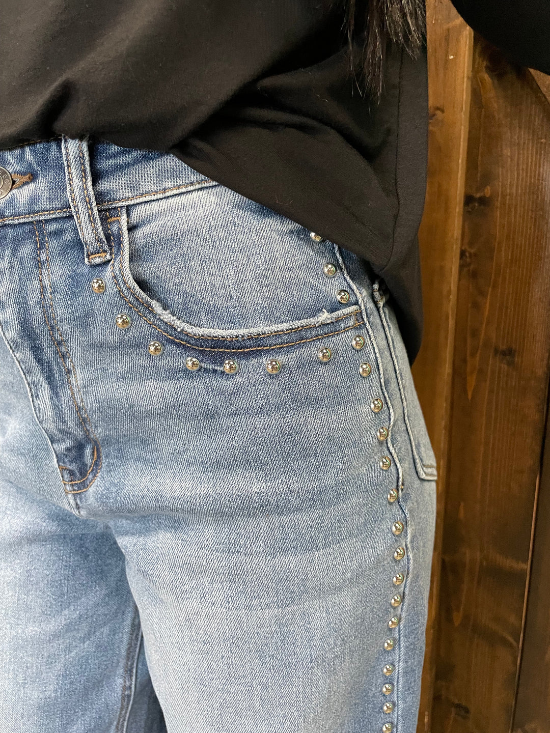 Studded Medium Wash High Rise Wide Leg Jeans