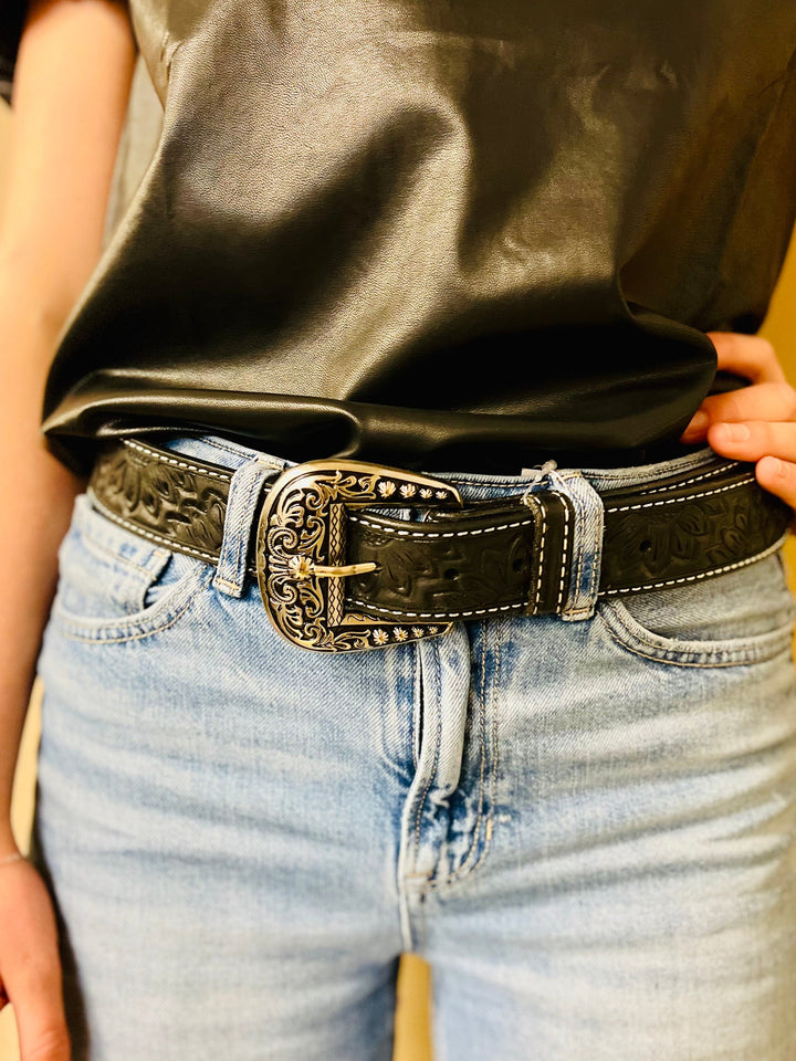 Sunflower Of The Night Tooled Leather Belt | gussieduponline