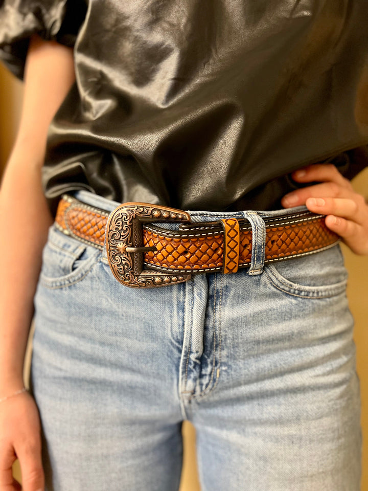 Sunflower Of Dusk Tooled Leather Belt | gussieduponline
