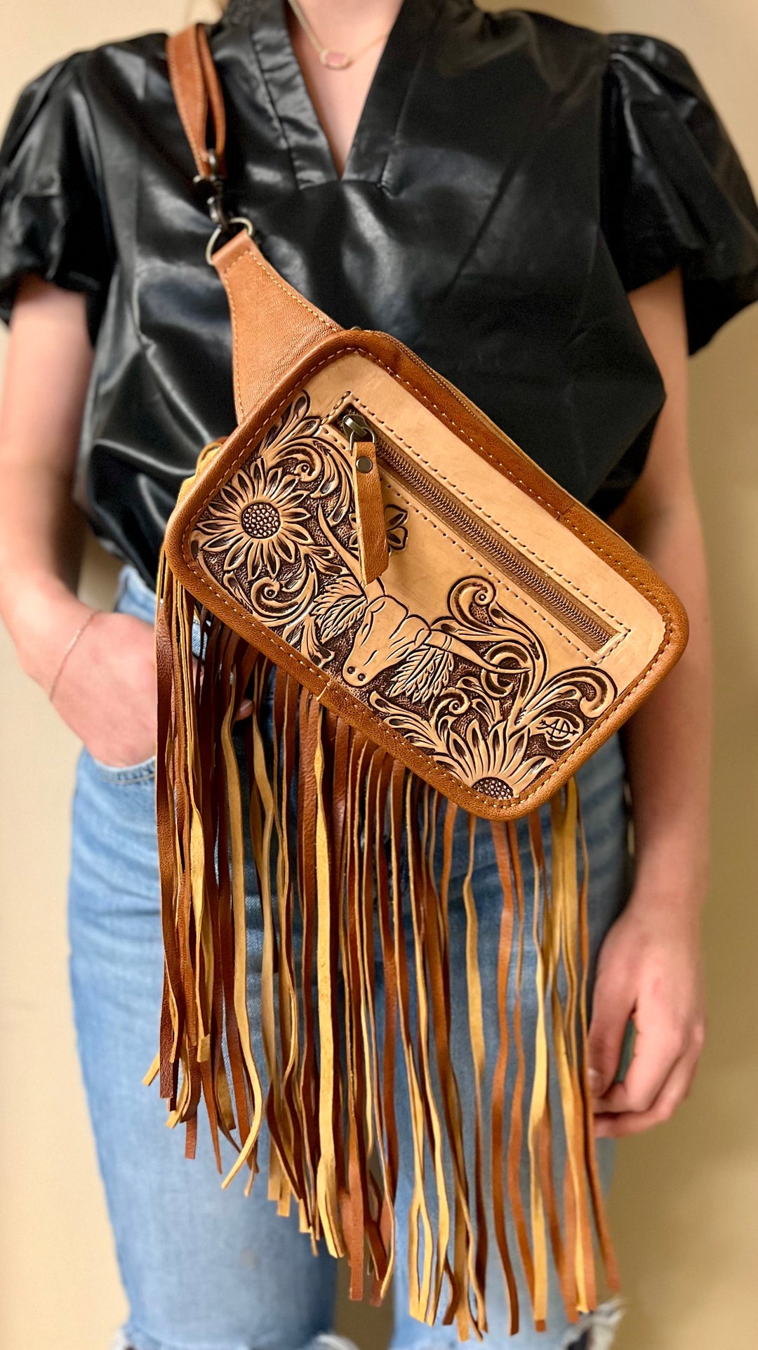 Darling Bull Tooled Front Sling Bag | gussieduponline