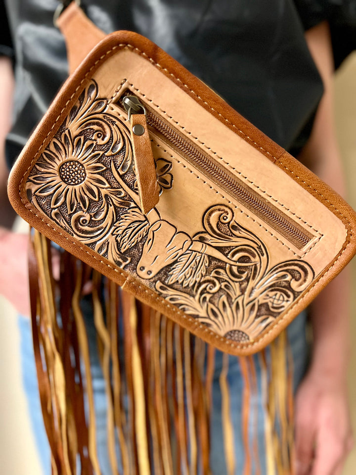 Darling Bull Tooled Front Sling Bag | gussieduponline
