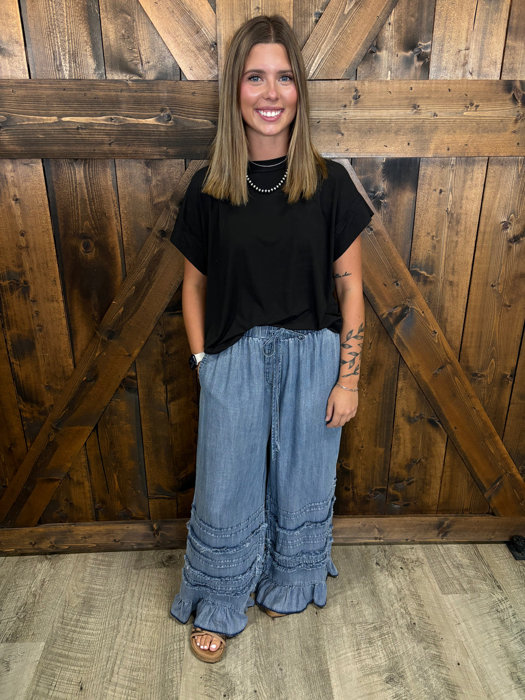 Denim Flared Ruffle Hem Chambray Crop Jeans