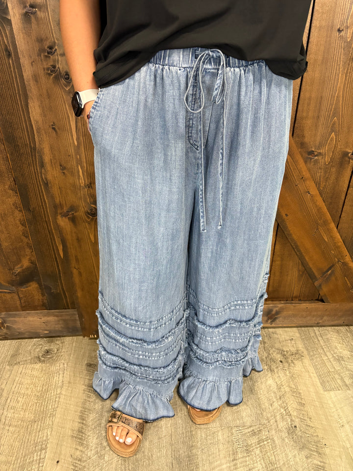 Denim Flared Ruffle Hem Chambray Crop Jeans