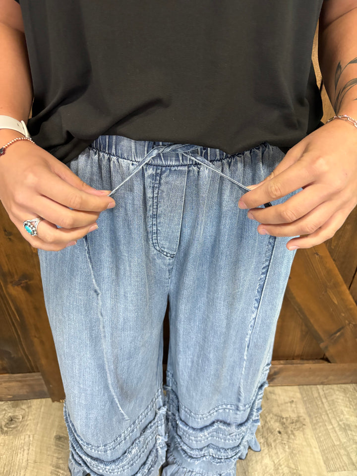 Denim Flared Ruffle Hem Chambray Crop Jeans