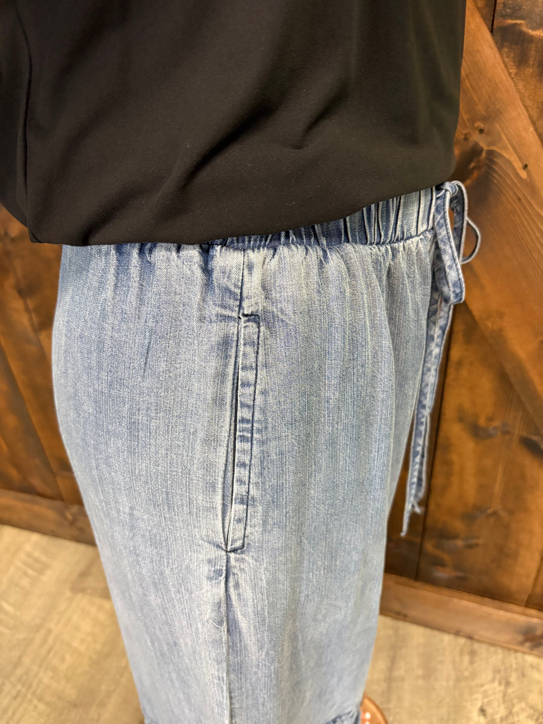 Denim Flared Ruffle Hem Chambray Crop Jeans