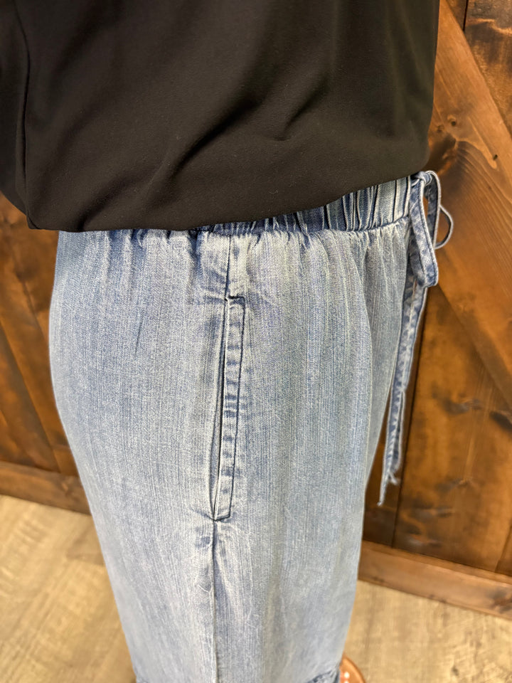 Denim Flared Ruffle Hem Chambray Crop Jeans
