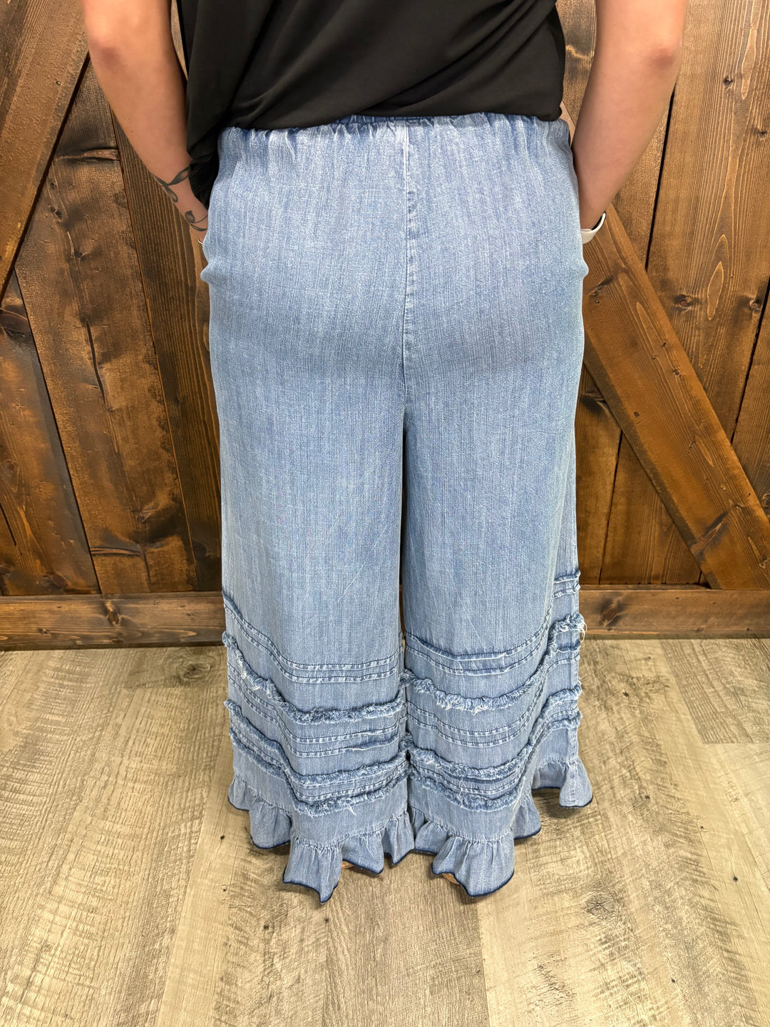 Denim Flared Ruffle Hem Chambray Crop Jeans