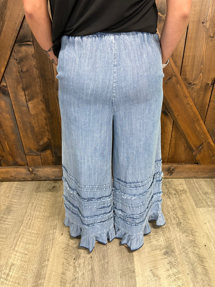Denim Flared Ruffle Hem Chambray Crop Jeans