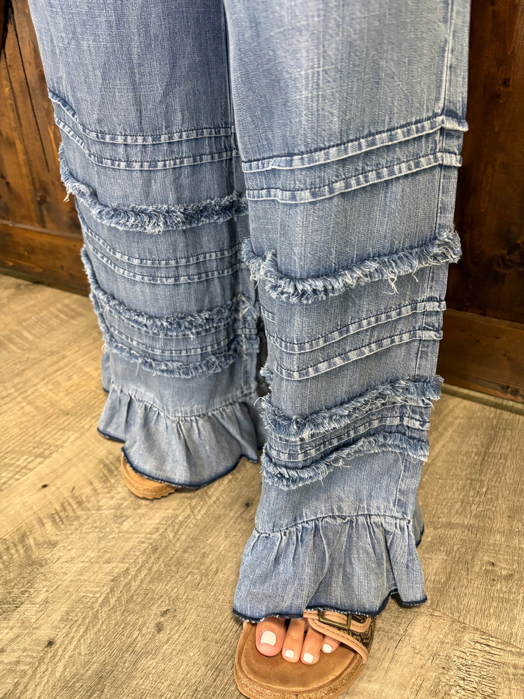 Denim Flared Ruffle Hem Chambray Crop Jeans