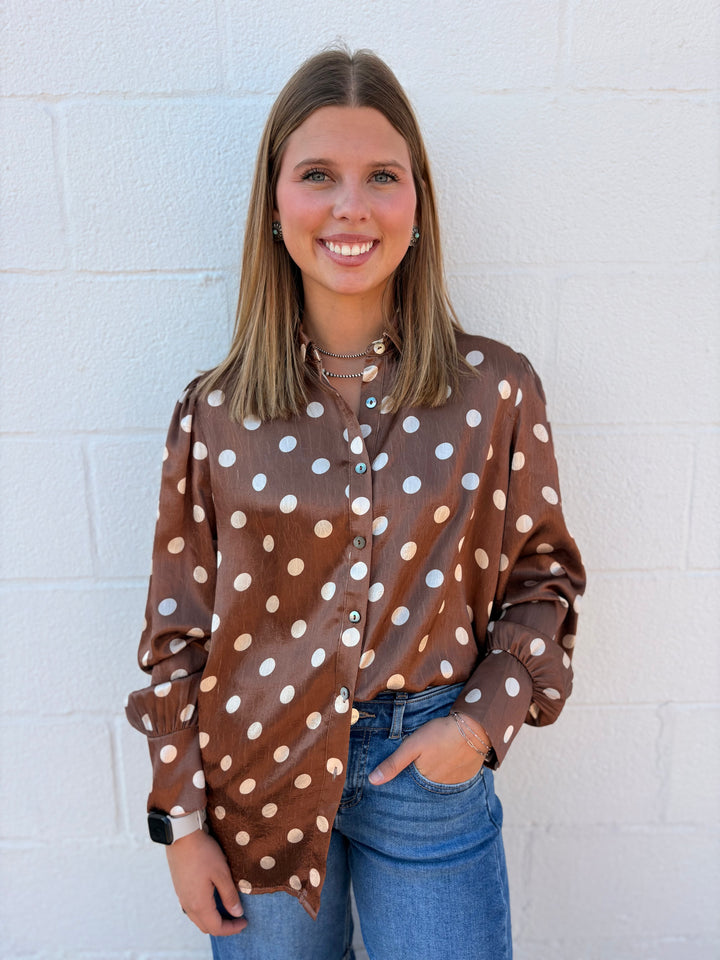 Mocha Dot Button Up Top