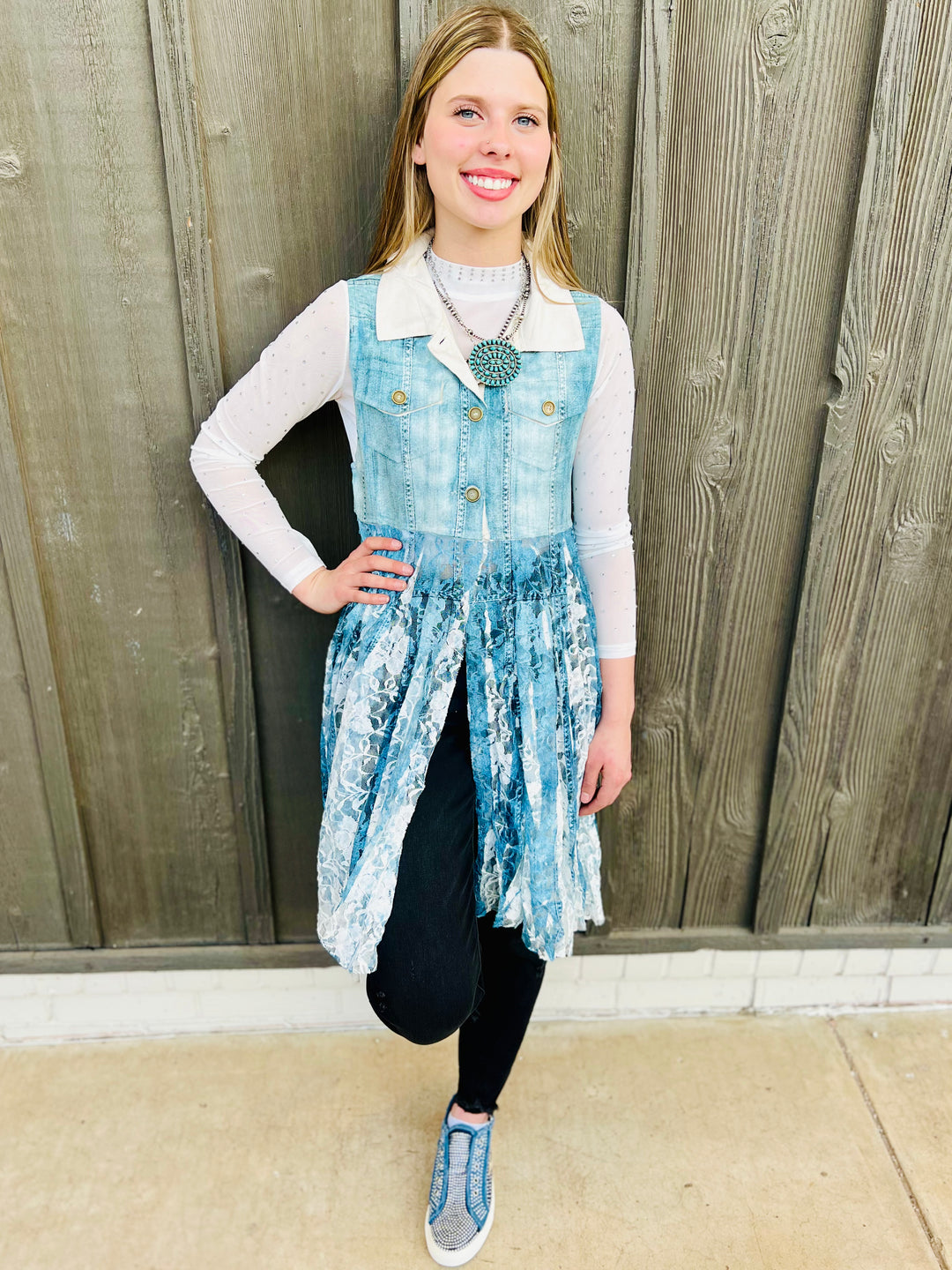 Denim Lace Layered Vest Cardigan | gussieduponline