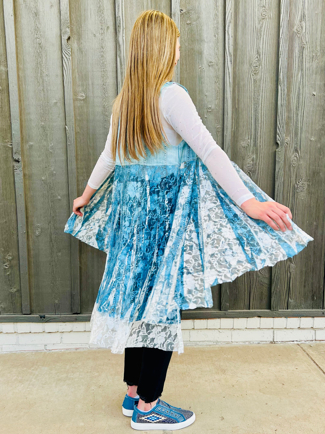 Denim Lace Layered Vest Cardigan | gussieduponline