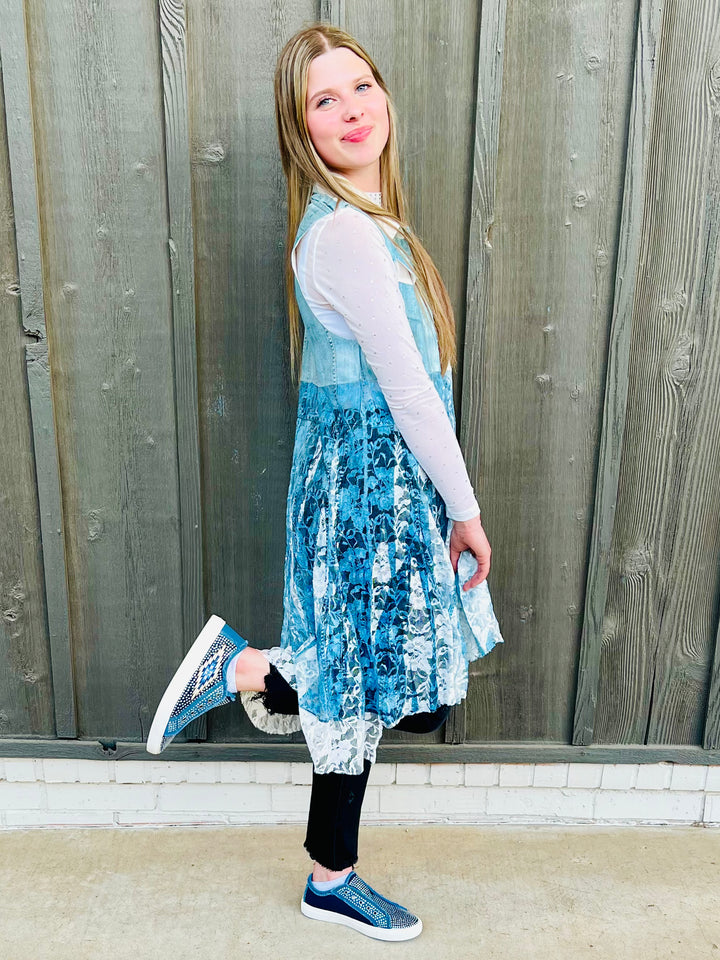 Denim Lace Layered Vest Cardigan | gussieduponline