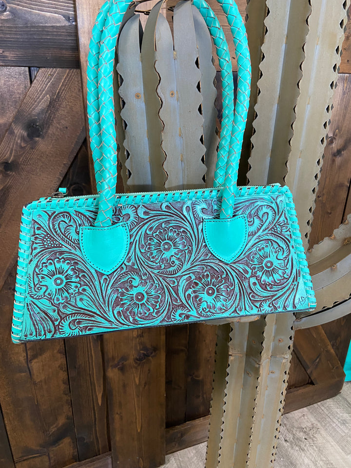 American Darling Genuine Leather Turquoise Tooled Clutch