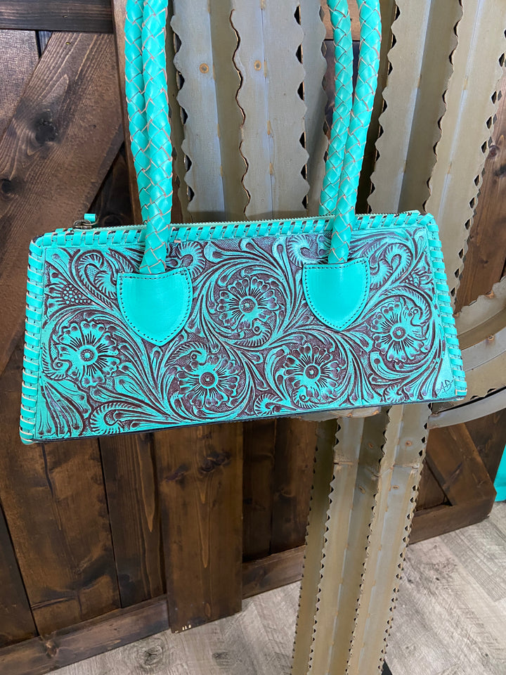 American Darling Genuine Leather Turquoise Tooled Clutch